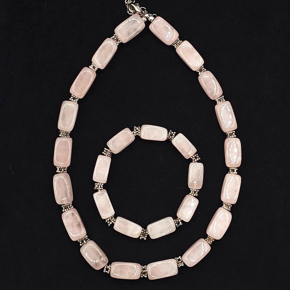 Rose Quartz Necklace and Stretch Bracelet Set Pastel Pink Chunky Feminine Boho